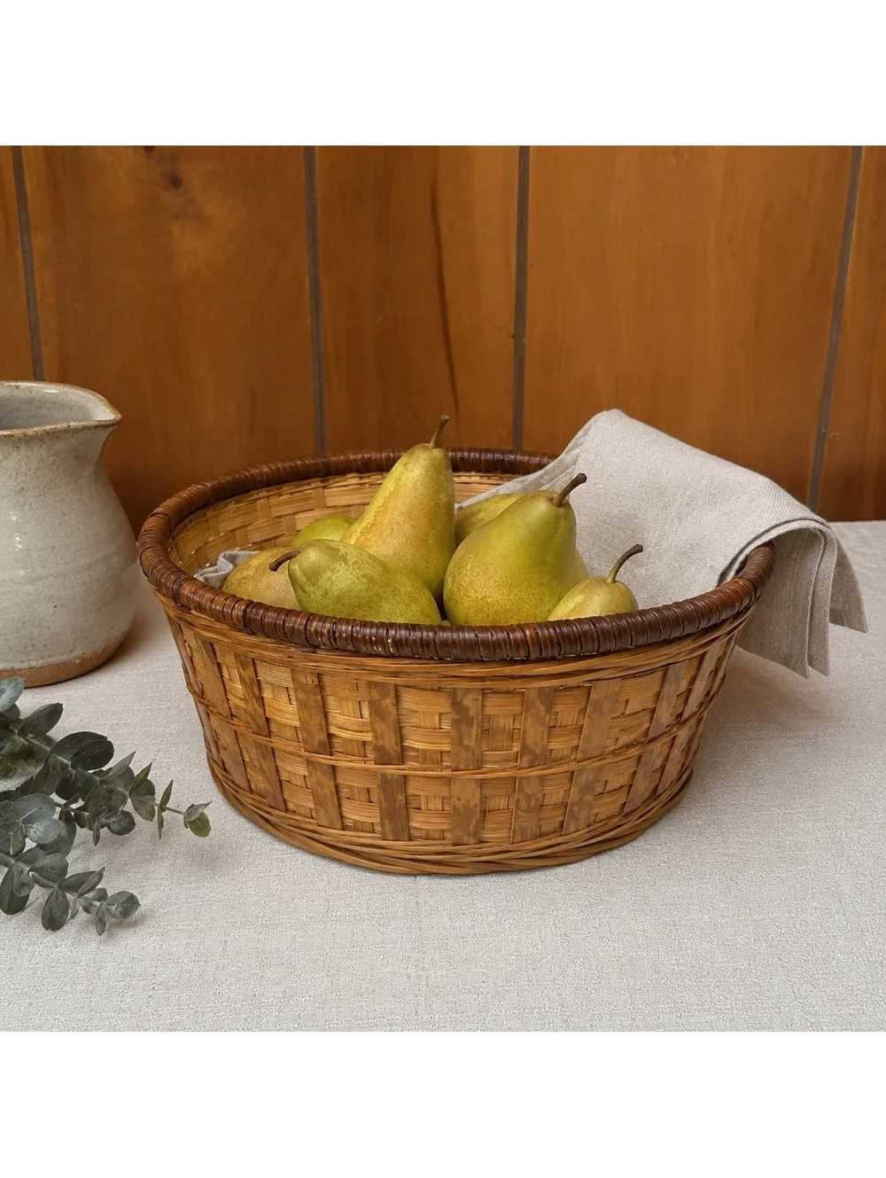 Vintage Round Wicker Basket Bowl Handwoven Rustic Farmhouse Decor